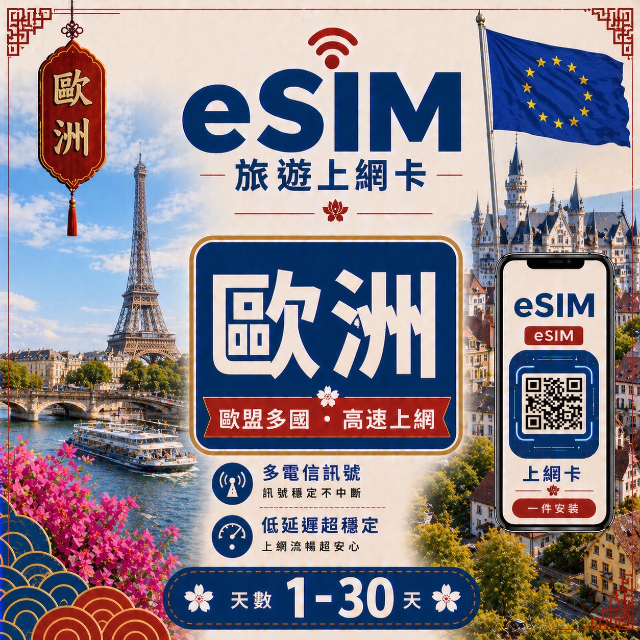 【歐洲 eSIM卡】 不降速 吃到飽 3分鐘自動發貨